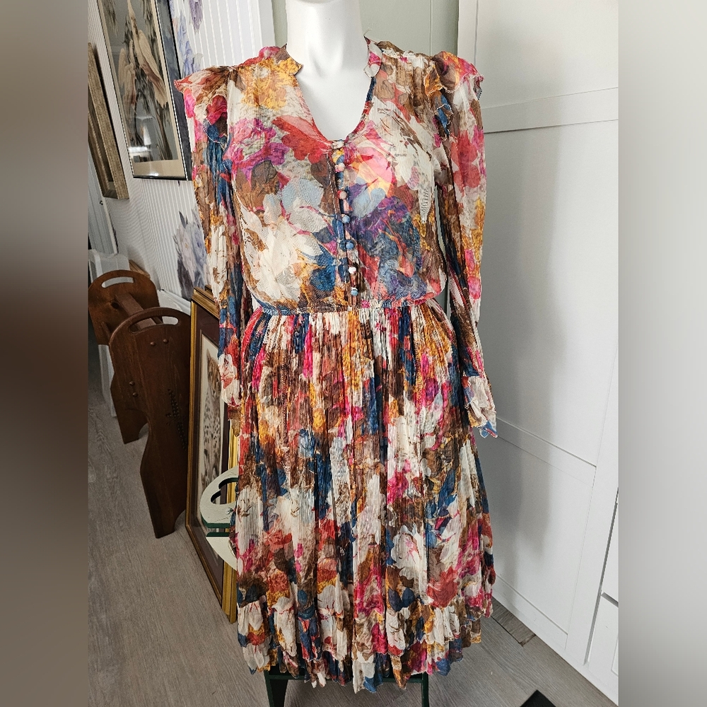 NWT Sundance Trieste Romance Midi Dress Size M Chiffon Floral Boho Ruffle Sleeve